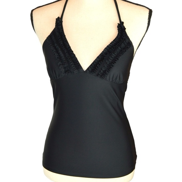 Hula Honey Black Halter Tie Ruffle Trim V Neck Tankini, Size Small - Picture 6 of 8